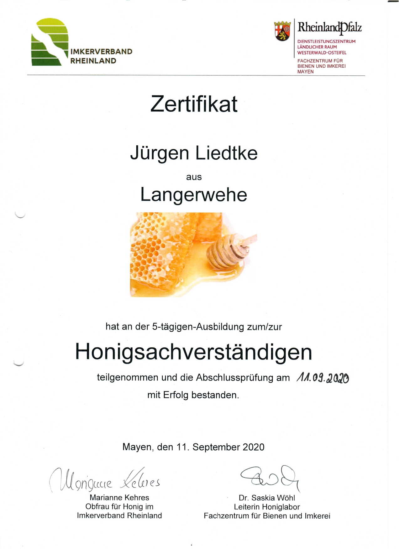 Zertifikat Honigsachverständiger Jürgen